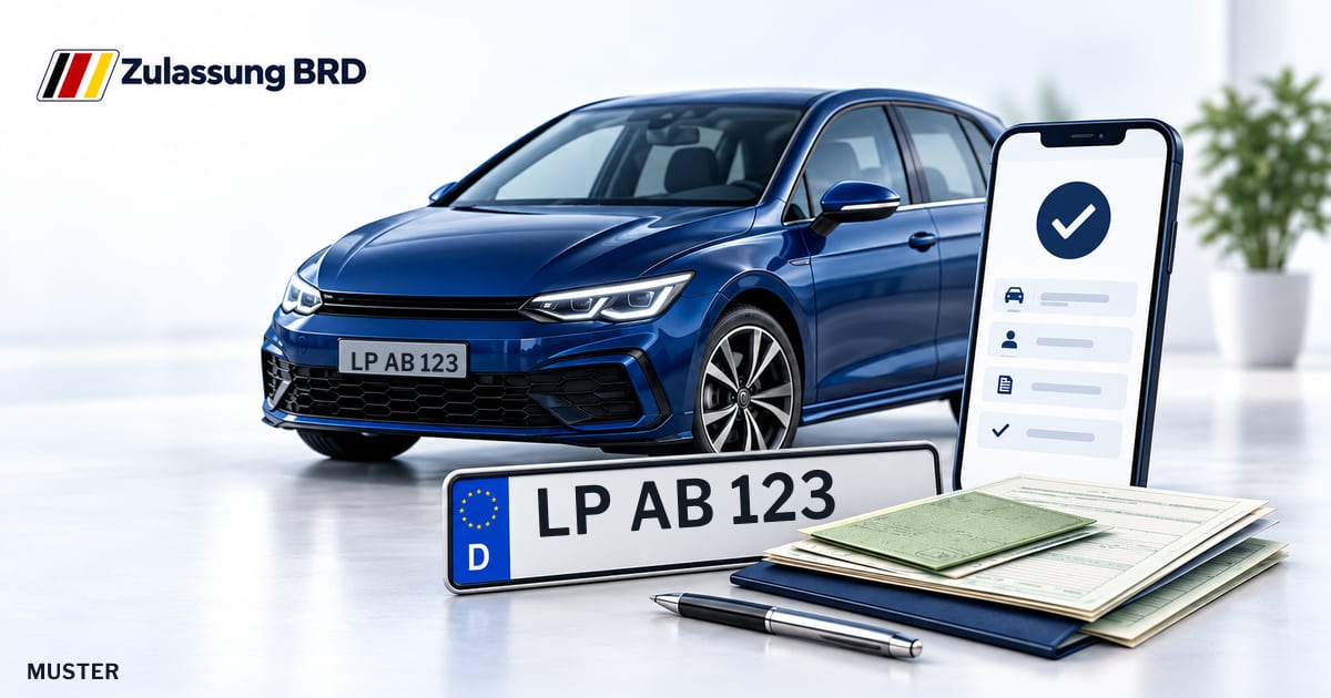 Online Fahrzeugzulassung in Bad Sassendorf: Musterkennzeichen LP AB 123, Auto und Fahrzeugpapiere und Smartphone. Illustration mit Logo von Zulassung BRD.
